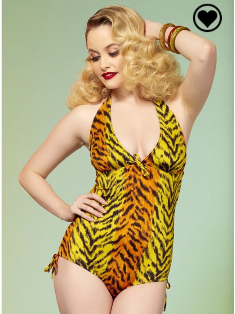 Pinup Couture Raquel Bombshell Halter One-Piece Swimsuit - Orange Tiger Print